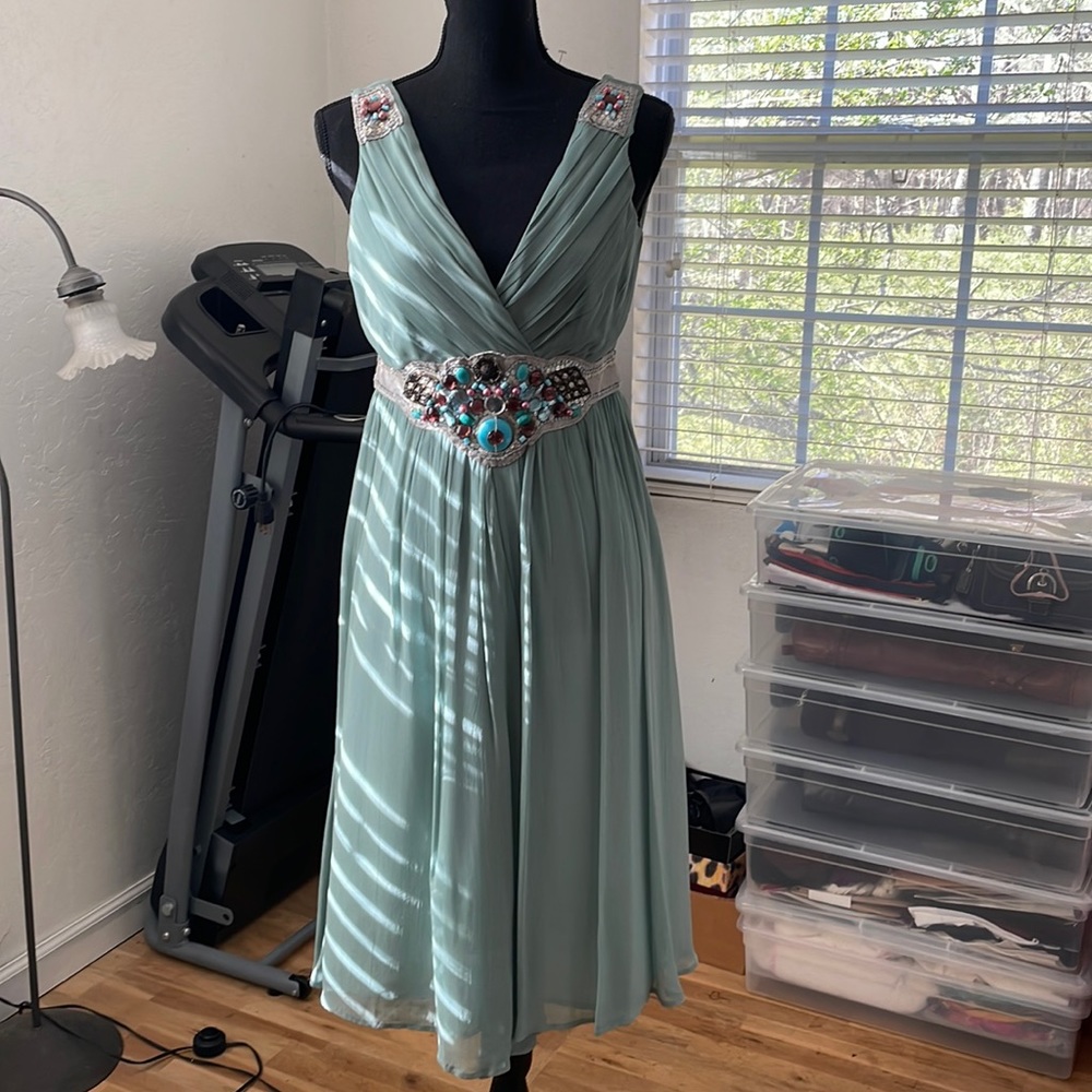 Newport News Seafoam Beaded Greek Inspired Semi Formal Sleeveless Dress EUC